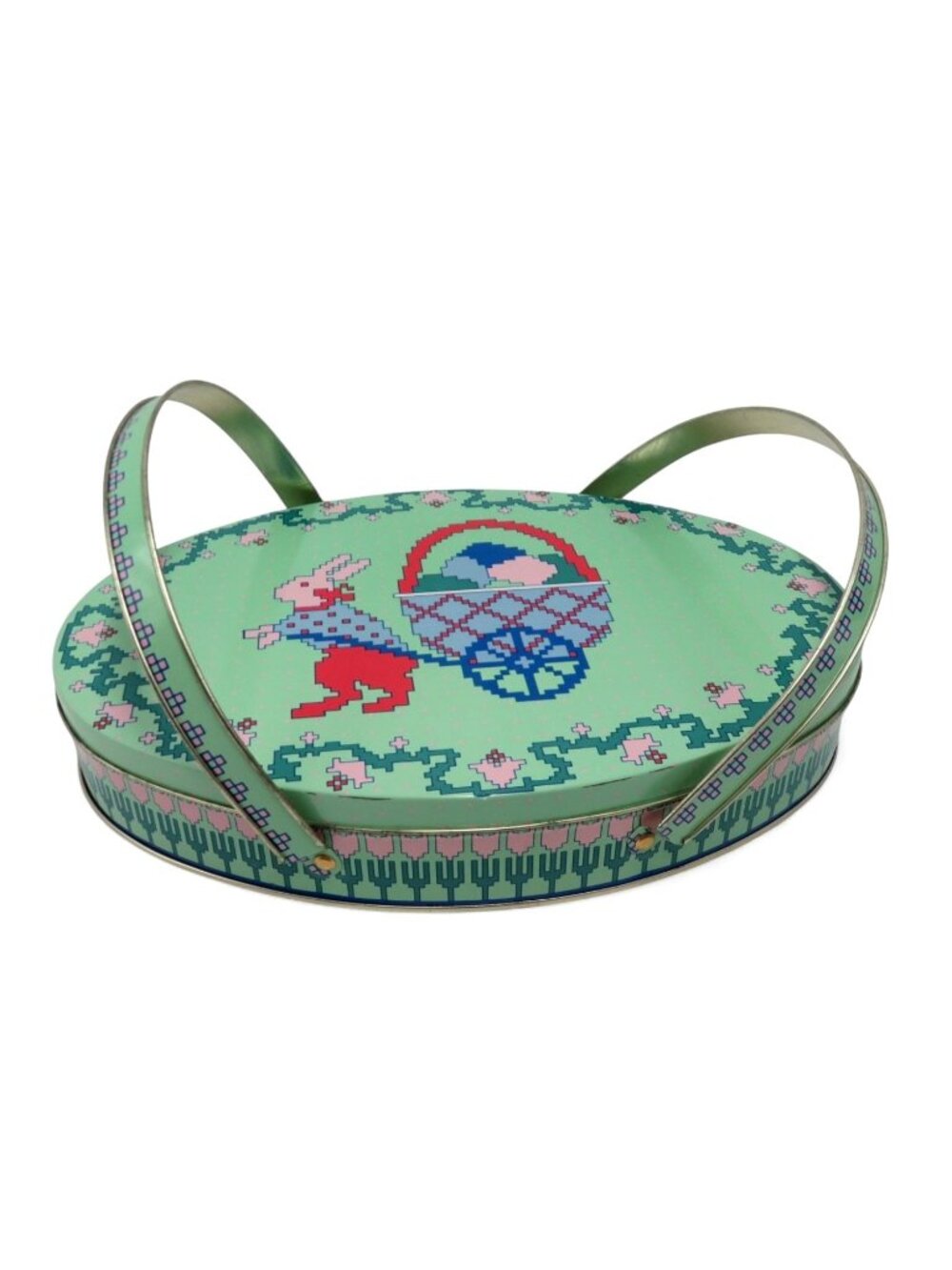 Easter Bunny Pulling Cart and Eggs Tin With Handles 1985 Vintage 14"